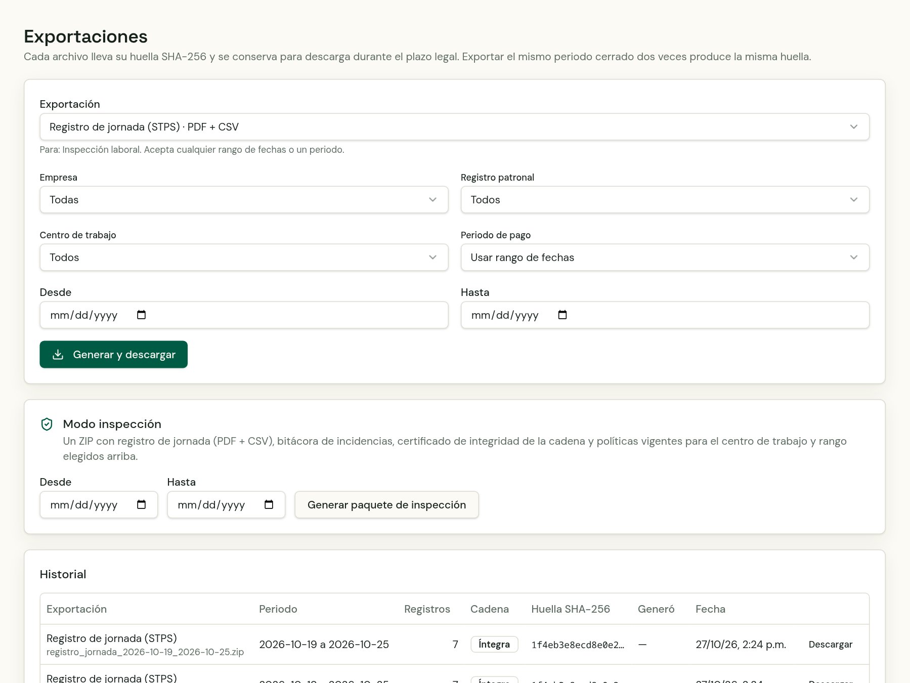 Pantalla de Cronos/IA: Registro de jornada STPS